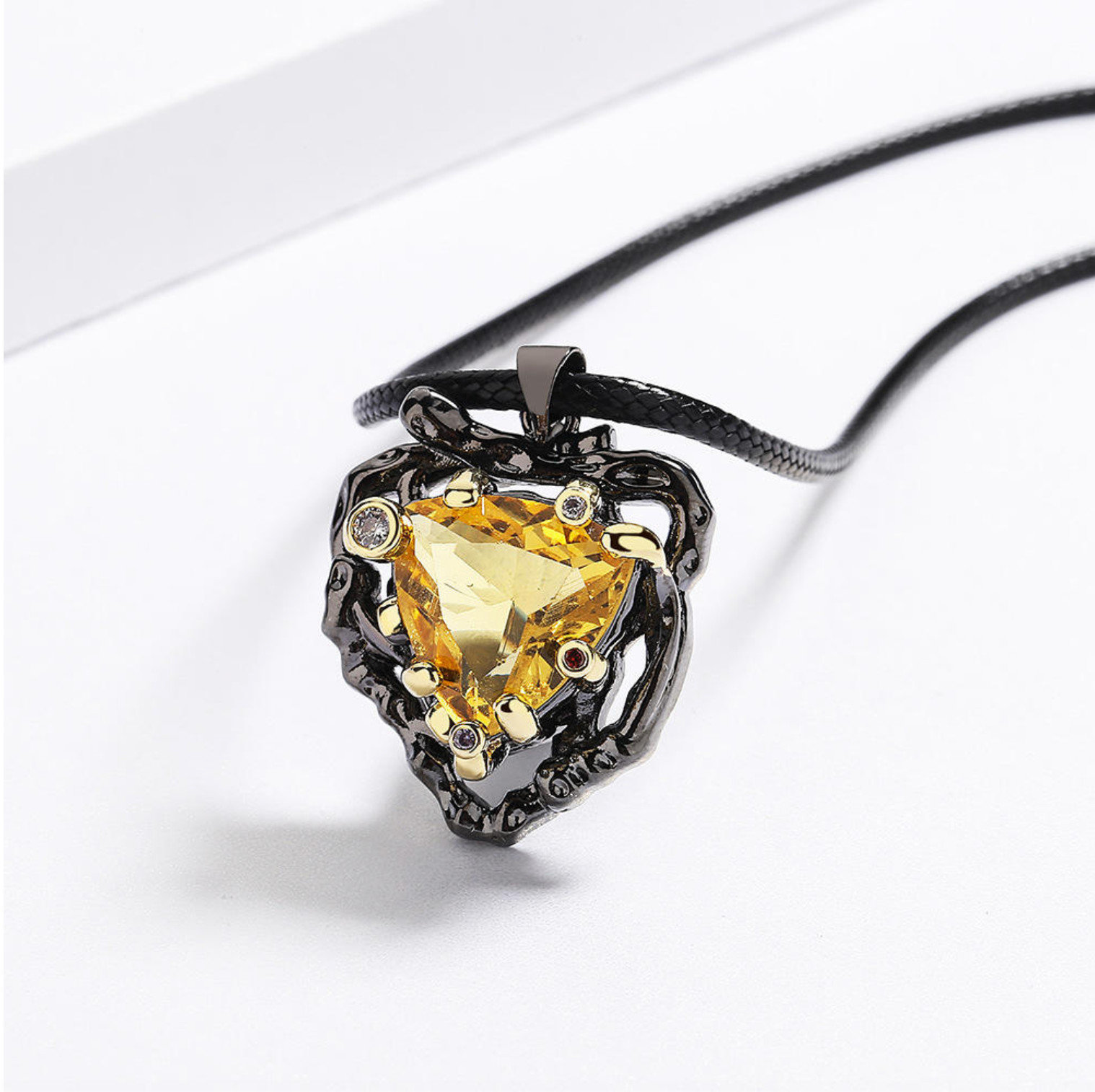 Yellow Cubic Zirconia Pendant Necklace Trillion Cut Black Gothic Halo Style