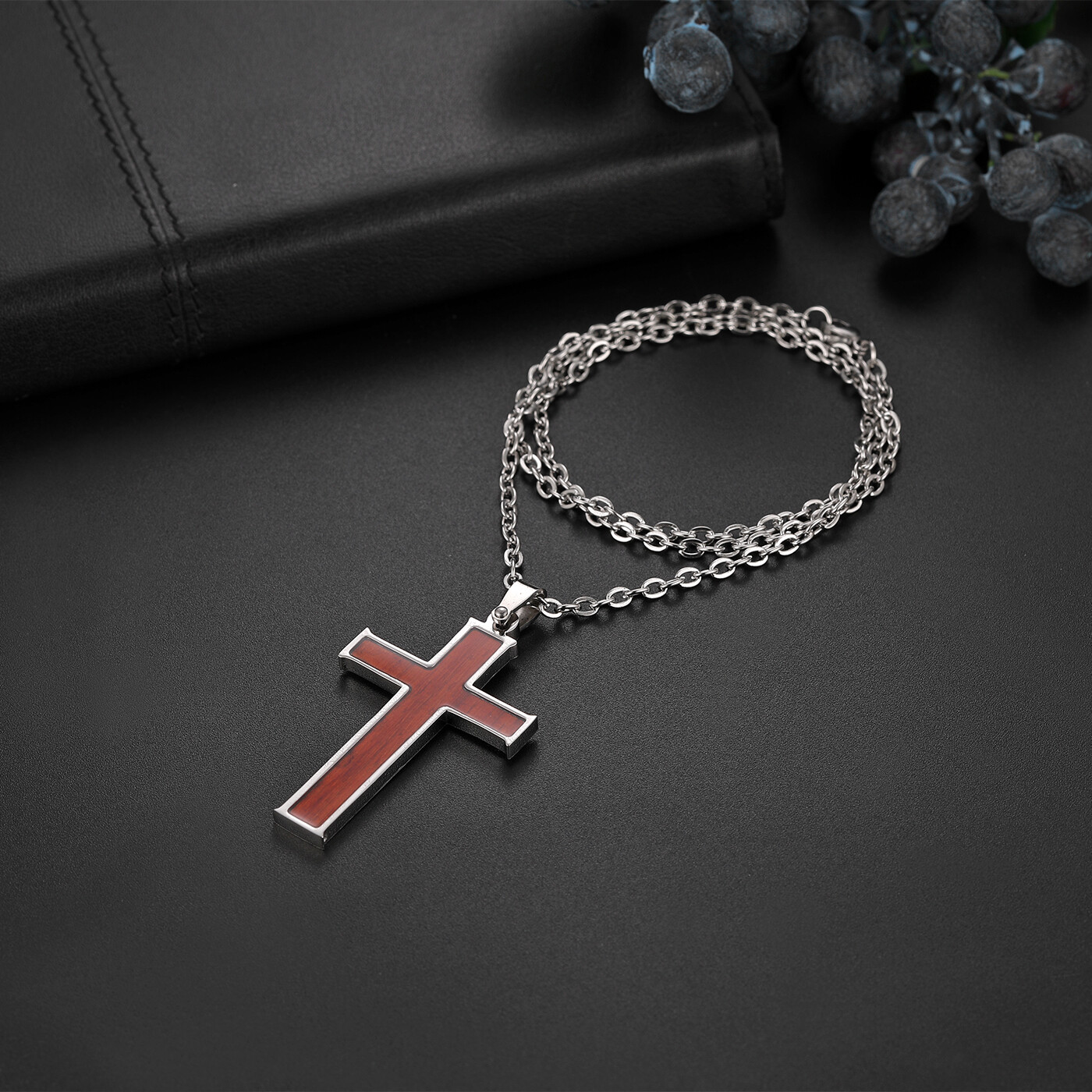Men Women Stainless Steel Wooden Cross Pendant Chain Necklace Religious Prayer