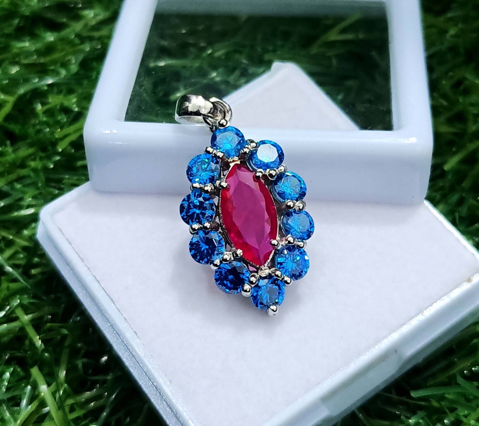 15 Ct Ruby Marquise Cut & Blue Sapphire Pendant 925 Sterling Silver With Chain