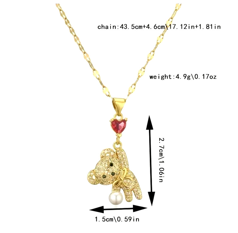 Gold Titanium Love Red Heart Teddy Bear Pave CZ Pearl Pendant Chain Necklace