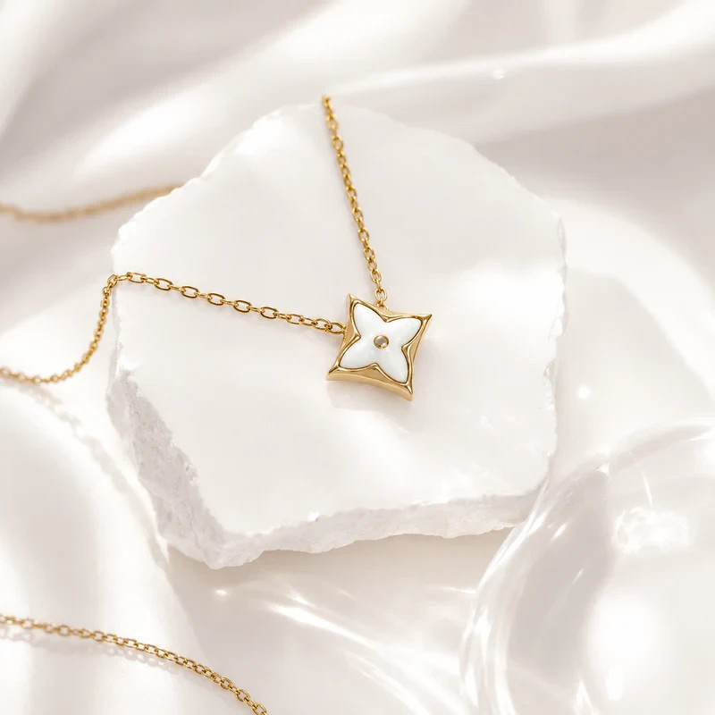 White Enamel Star Pendant Necklace 18K Gold Plated Four Point Clover