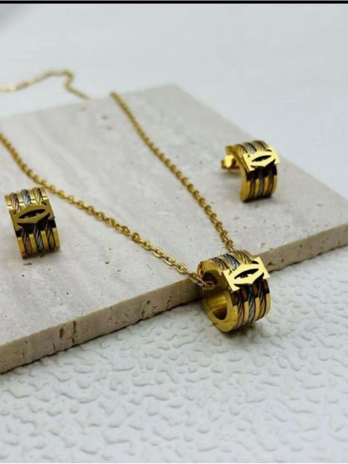 Gold Two-Tone Ring Pendant Necklace with Matching Hoop Earrings