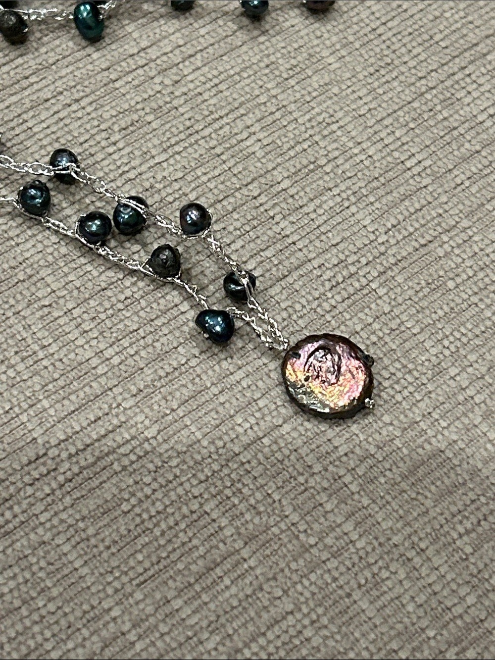 Delicate peacock Black Pearl Station Long Necklace with coin pearl Pendant