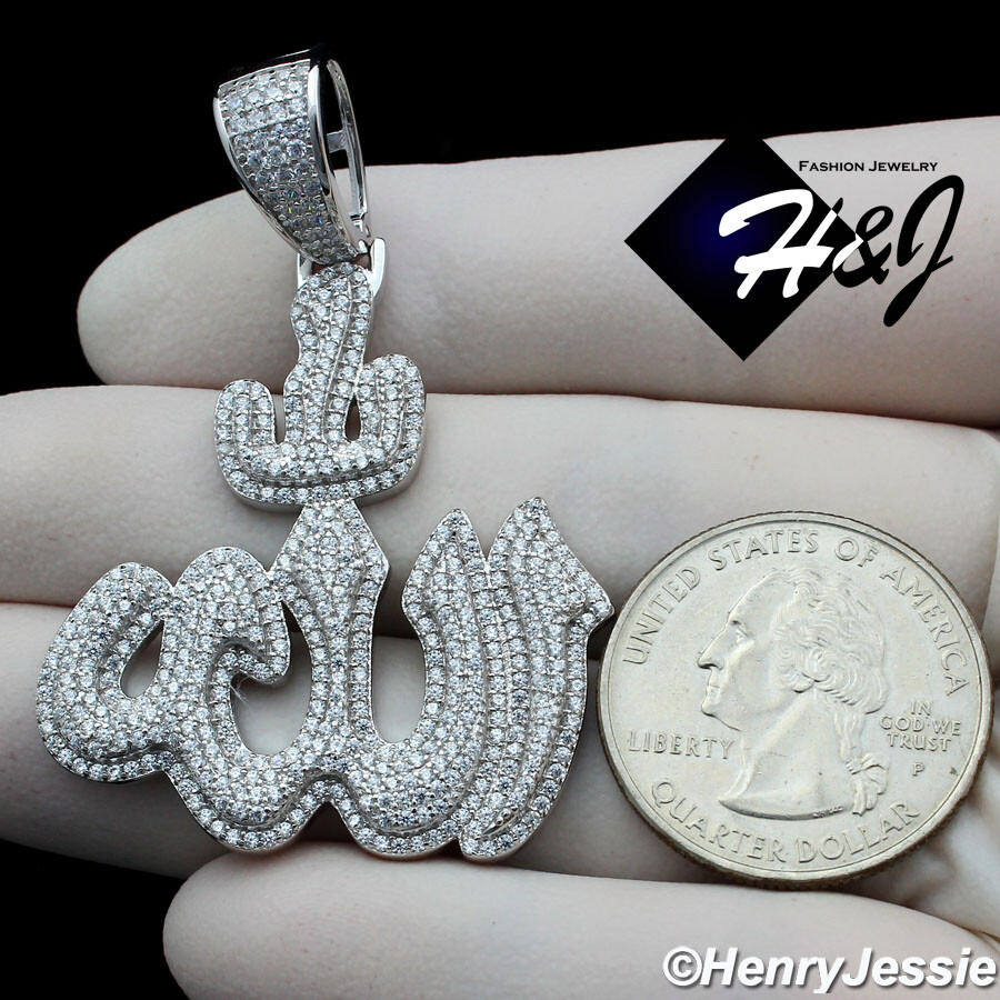 MEN SOLID 925 STERLING SILVER ICY BLING CZ 3D SILVER MUSLIM ALLAH PENDANT*SP288
