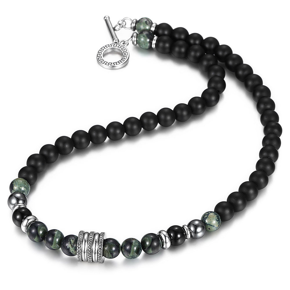 8MM Natural Black Matte Polar Jade Beaded Necklace Stainless Steel Toggle Choker