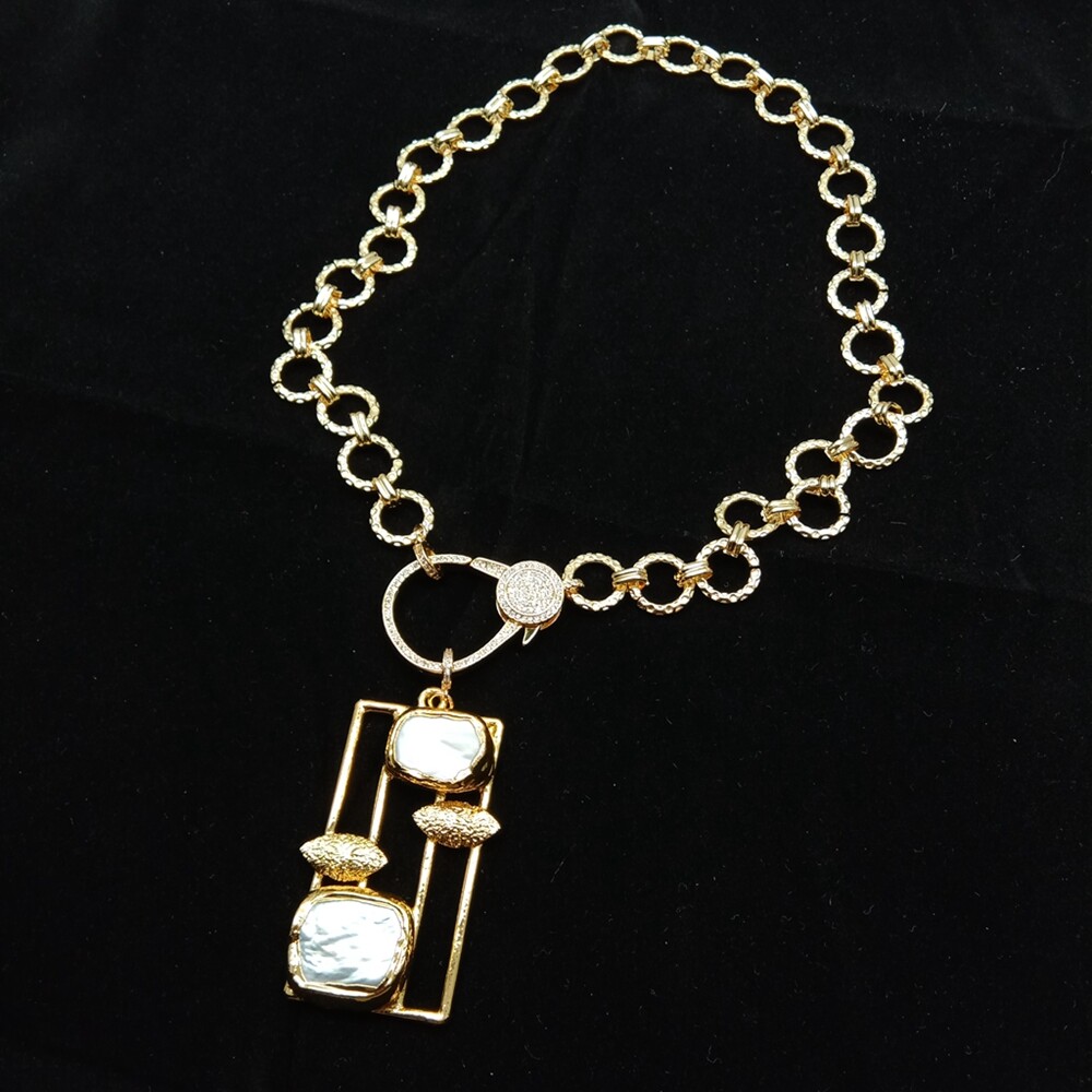 Cultured White Pearl Rectangle Pendant Gold Plated Chain Necklace Jewelry