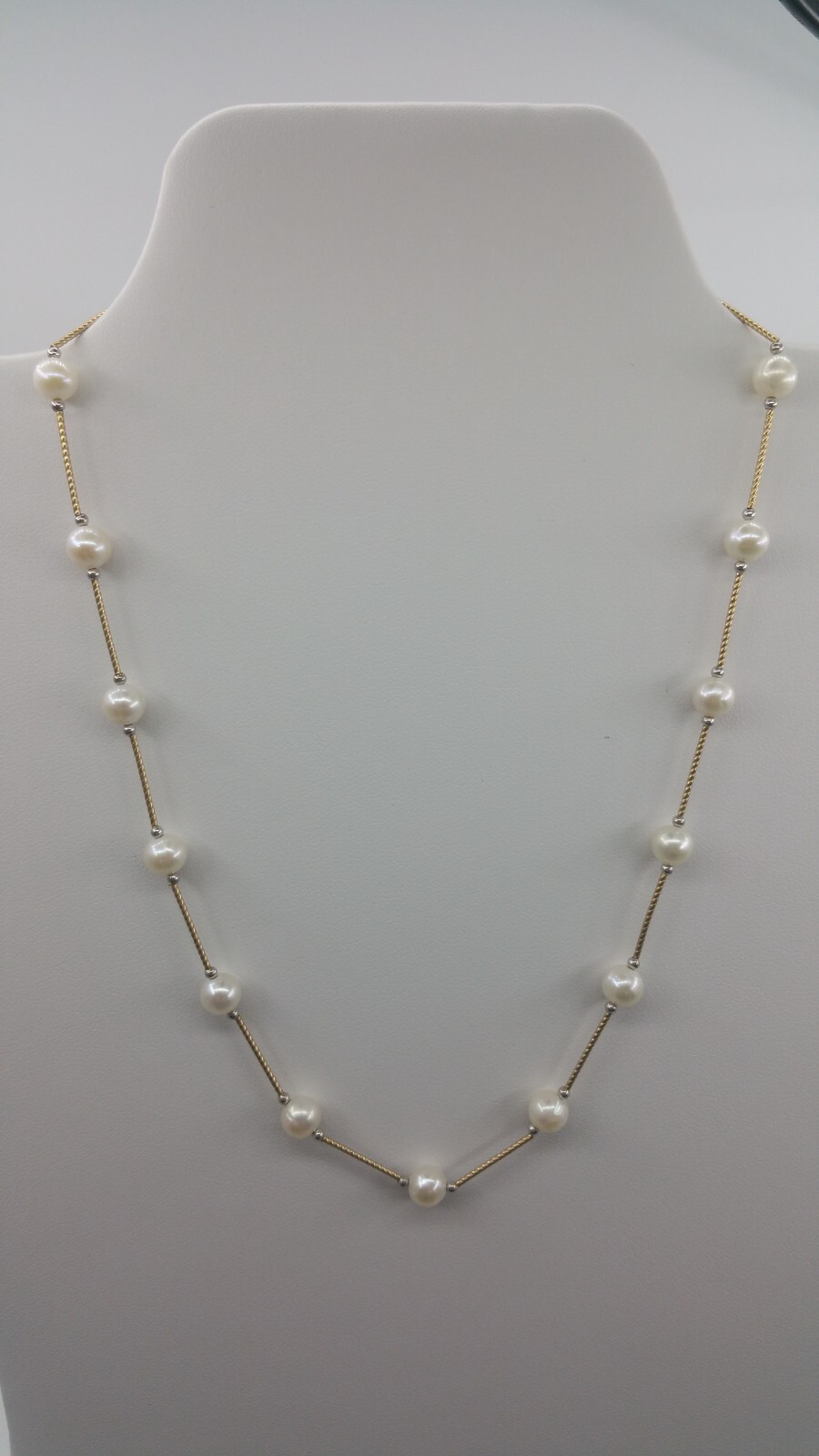 4k Gold 16in White Freshwater 6-6.5mm Near Round Oval Potato Pearl Necklace