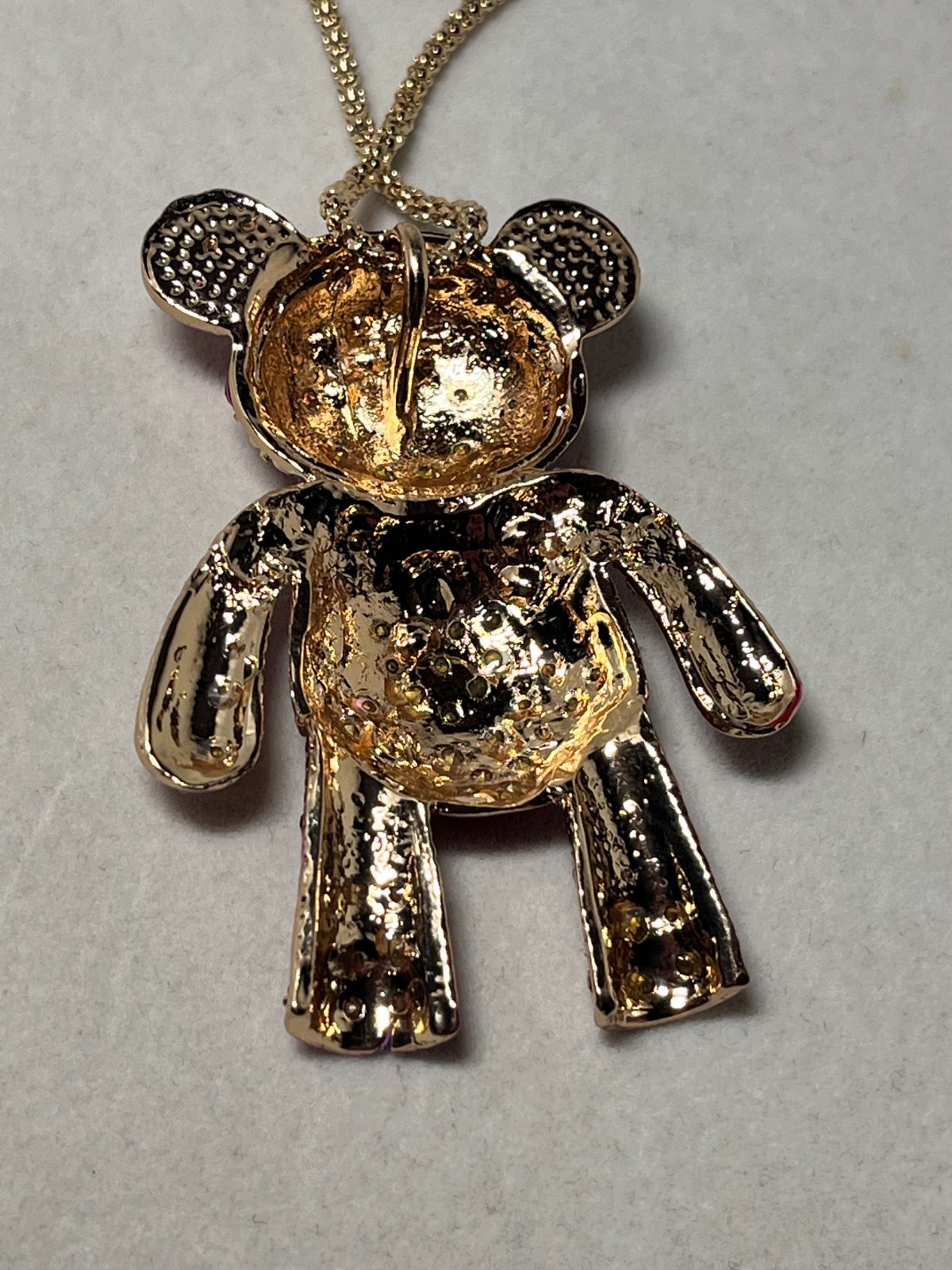 Betsey Johnson 2.5″ Pink & Red Teddy Bear Pendant Necklace 23″ Gold Tone