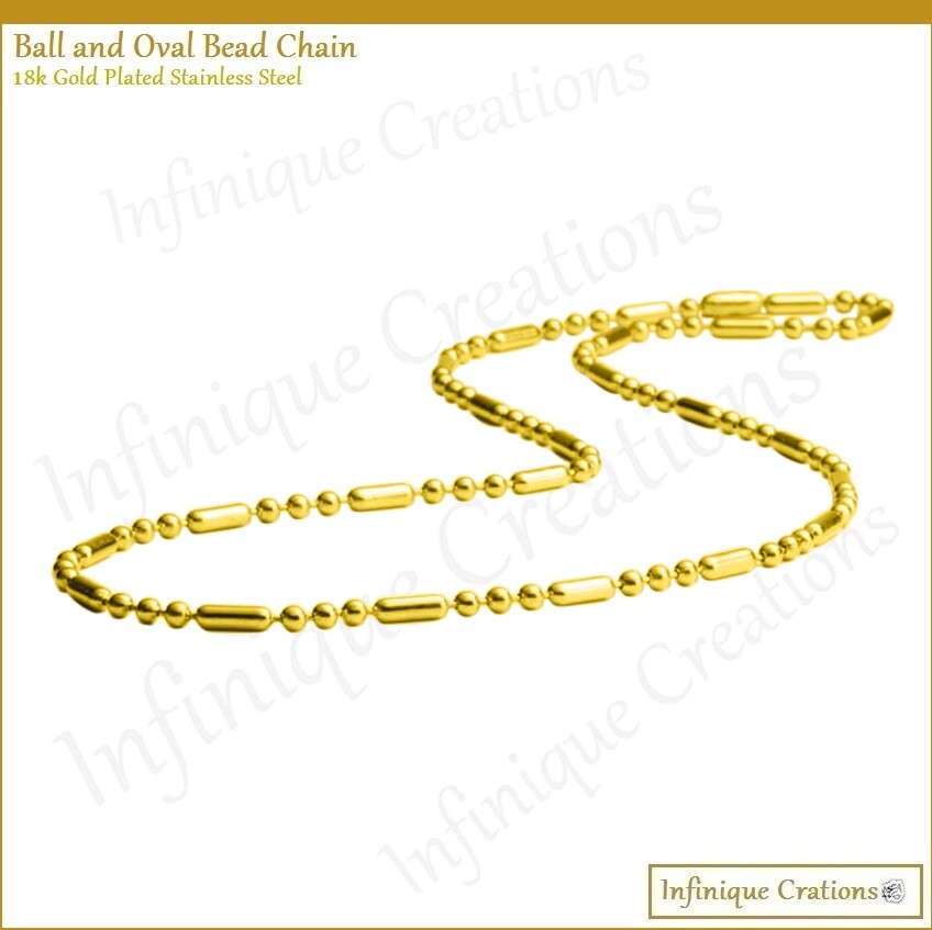 18K Gold Plated Stainless Steel Ball And Oval Bead Chain Bracelet Necklace 1-3mm