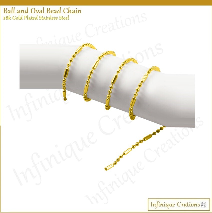 18K Gold Plated Stainless Steel Ball And Oval Bead Chain Bracelet Necklace 1-3mm