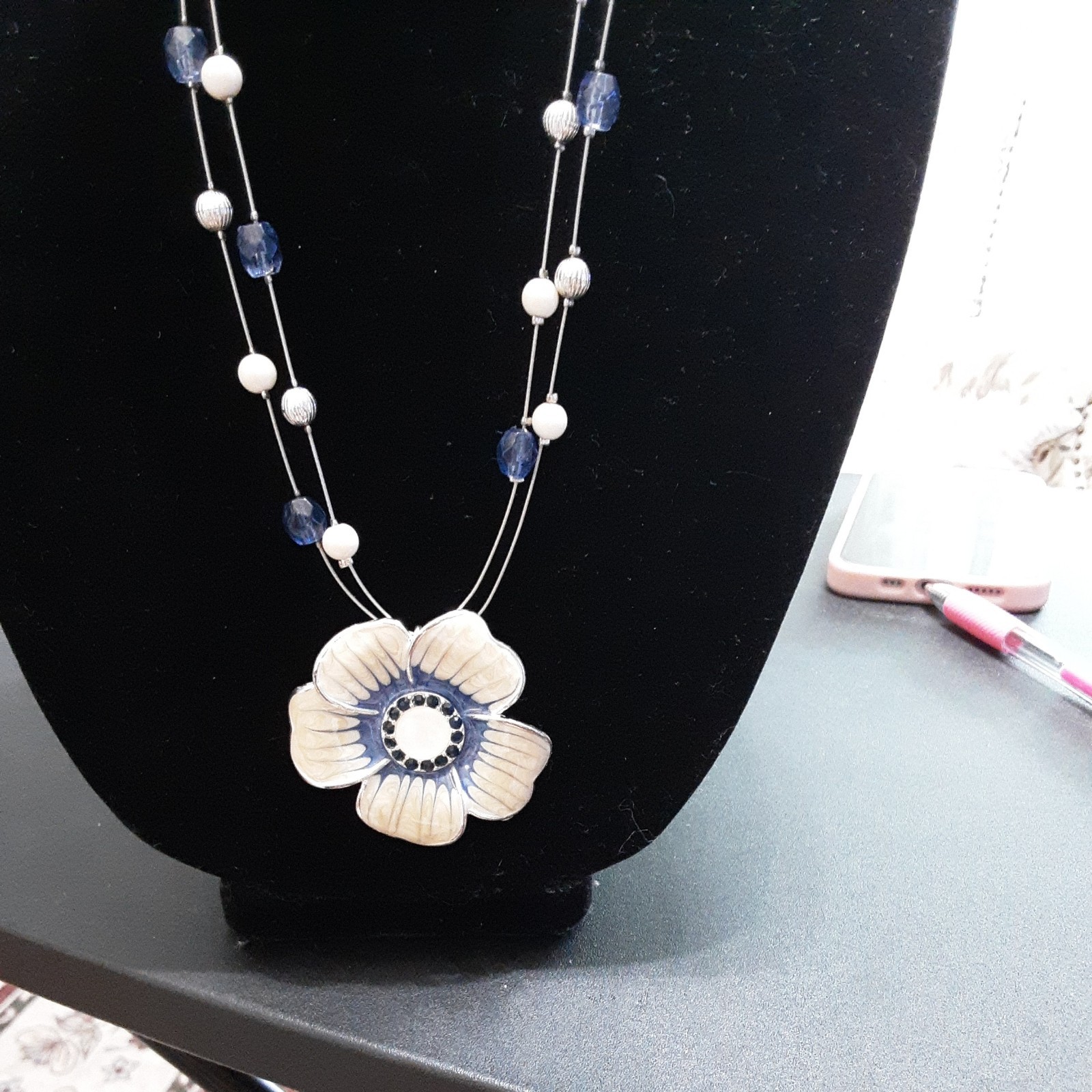Croft & Barrow Necklace Enamel Flower on Beaded wire & matching earrings #21