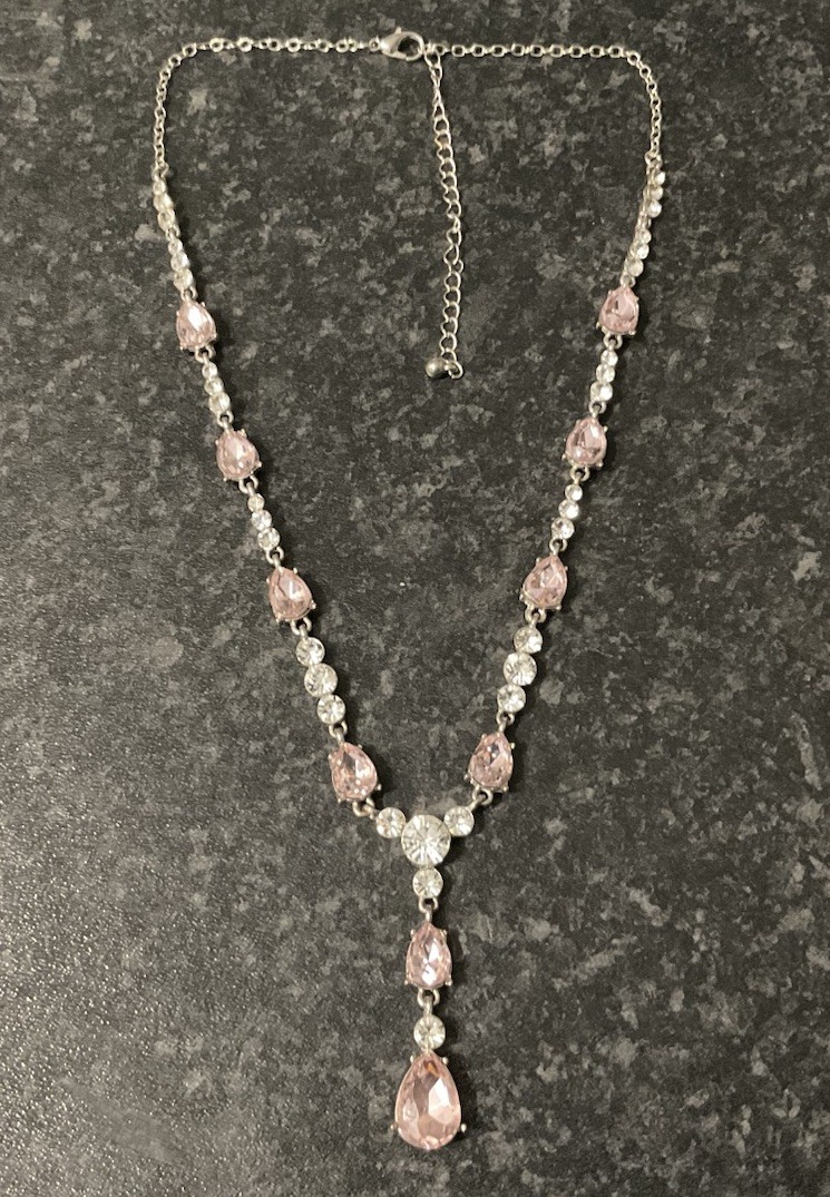 Preloved Y drop Necklace, Pink white crystal beads, silver tone 46cm + Extn