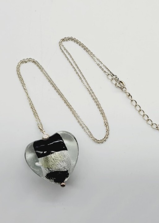 Heart Pendant Sterling Silver Necklace Black & Grey Lucite 19 in Chunky