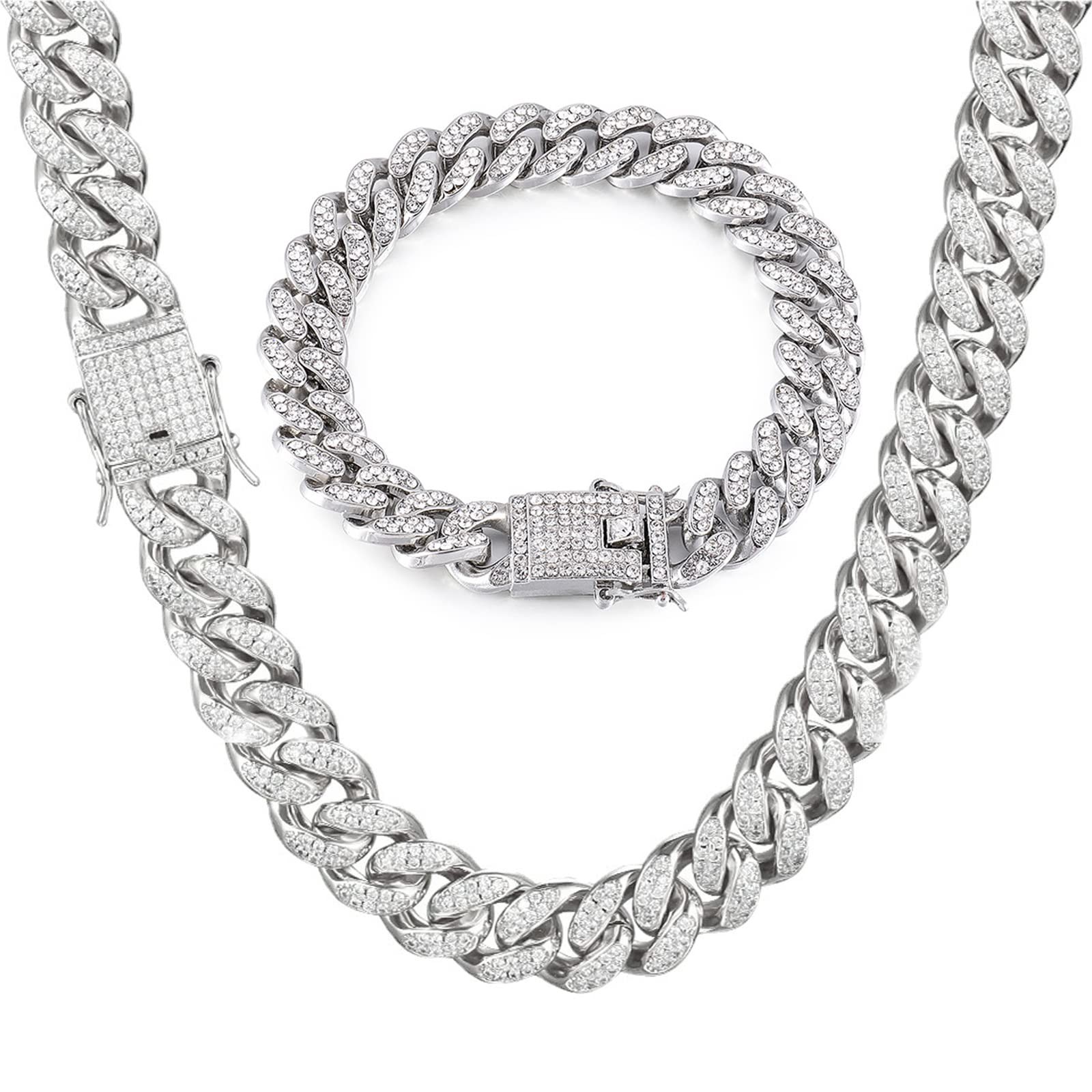 GIHENHAO 2pcs Cuban Link Chain for Men,Silver Necklace and Bracelet,Miami Cub…