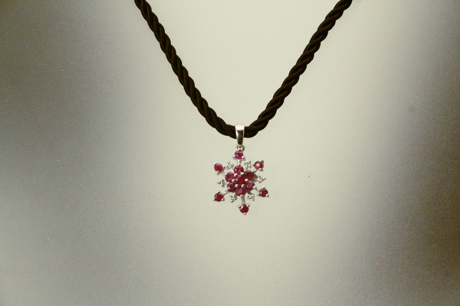 Red Ruby & Diamond Chips Snowflake Sterling Pendant Black Cord 5.4g (NEC5716)