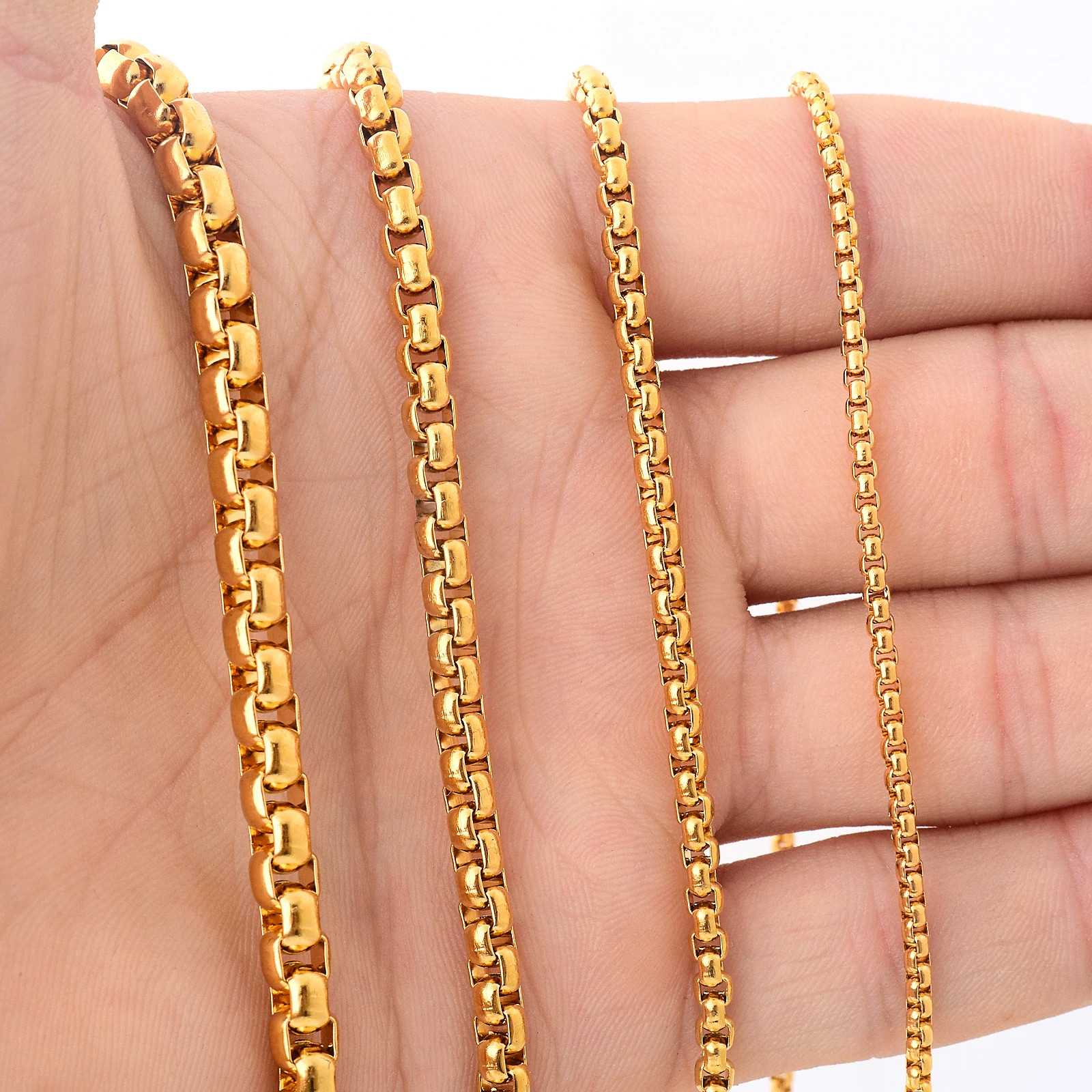 Square Rolo Gold Color Plated Round Box Chain Stainless Steel Necklace For Women