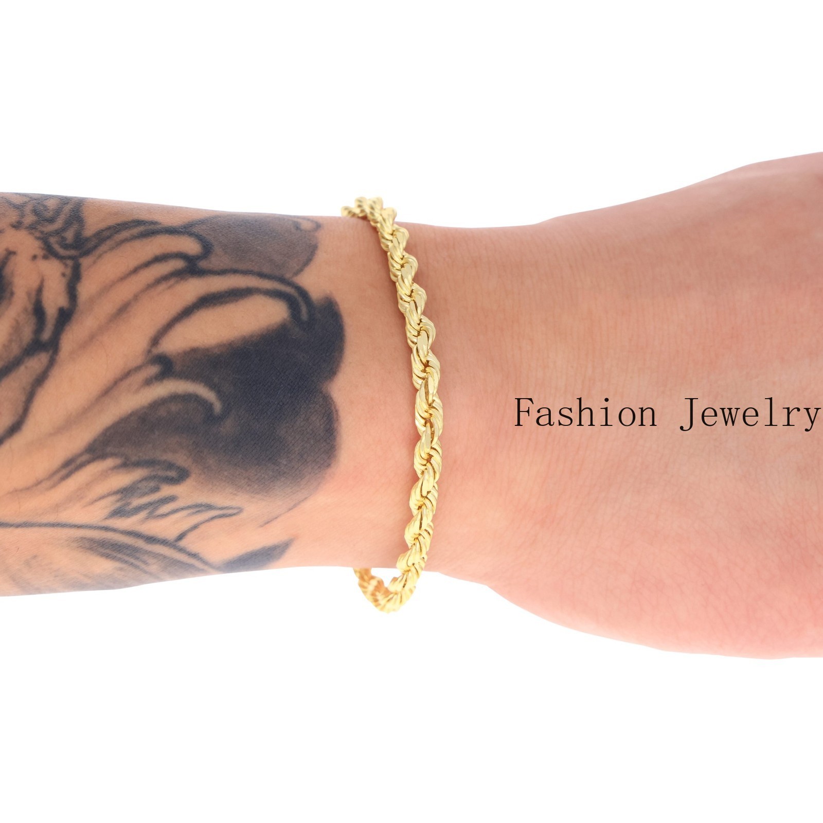 14k Yellow Gold Solid 4mm Diamond Cut Rope Chain Italian Bracelet Mens 8″