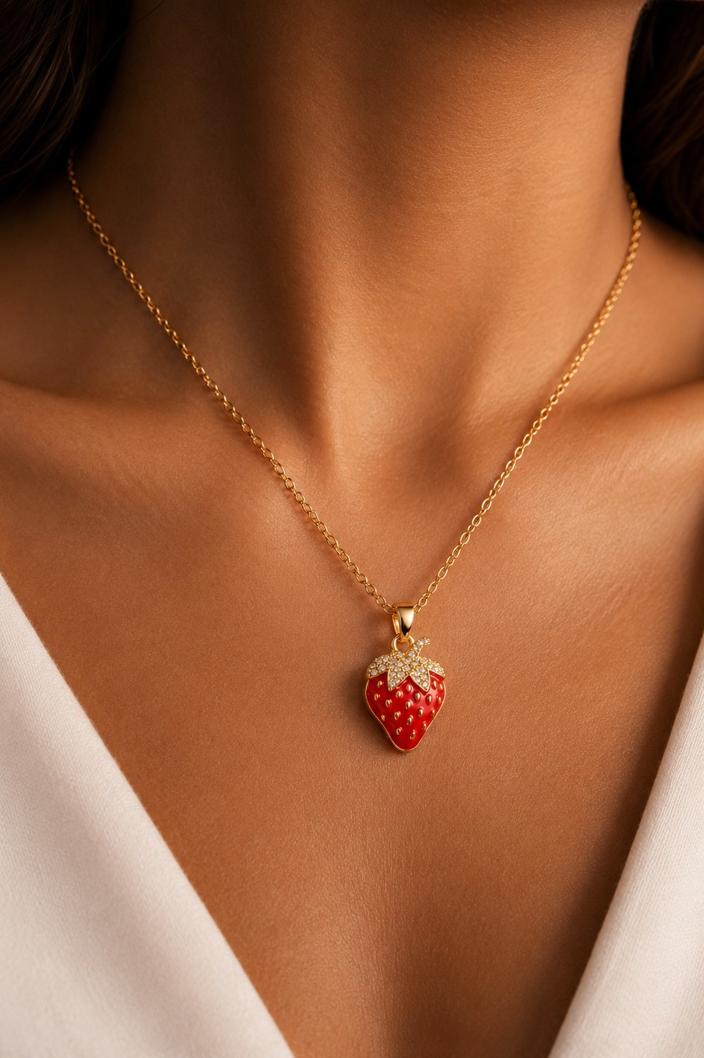 Gold Tone Strawberry Pendant Necklace Red Enamel Crystal Fruit Charm 18″