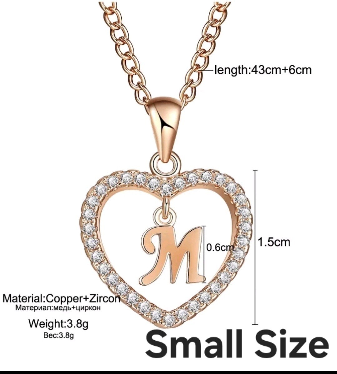 Letter Heart Necklace – Rose Gold Pendant Crystal Rhinestone Inital Charm Bling