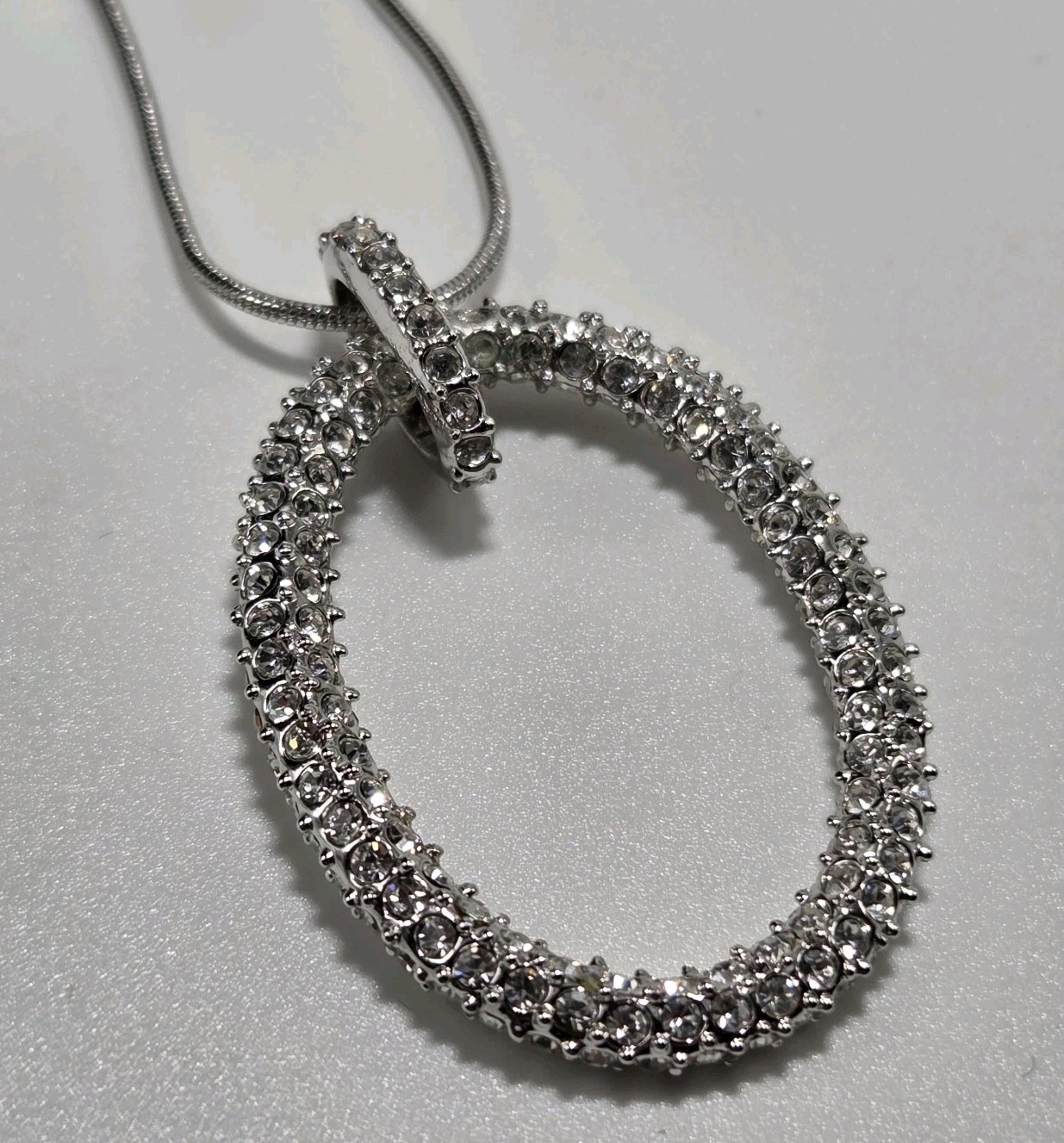 Park Lane? Unmarked Silver Tone Oval Necklace 20″ Clear CZ Cubic Zirconia Pave