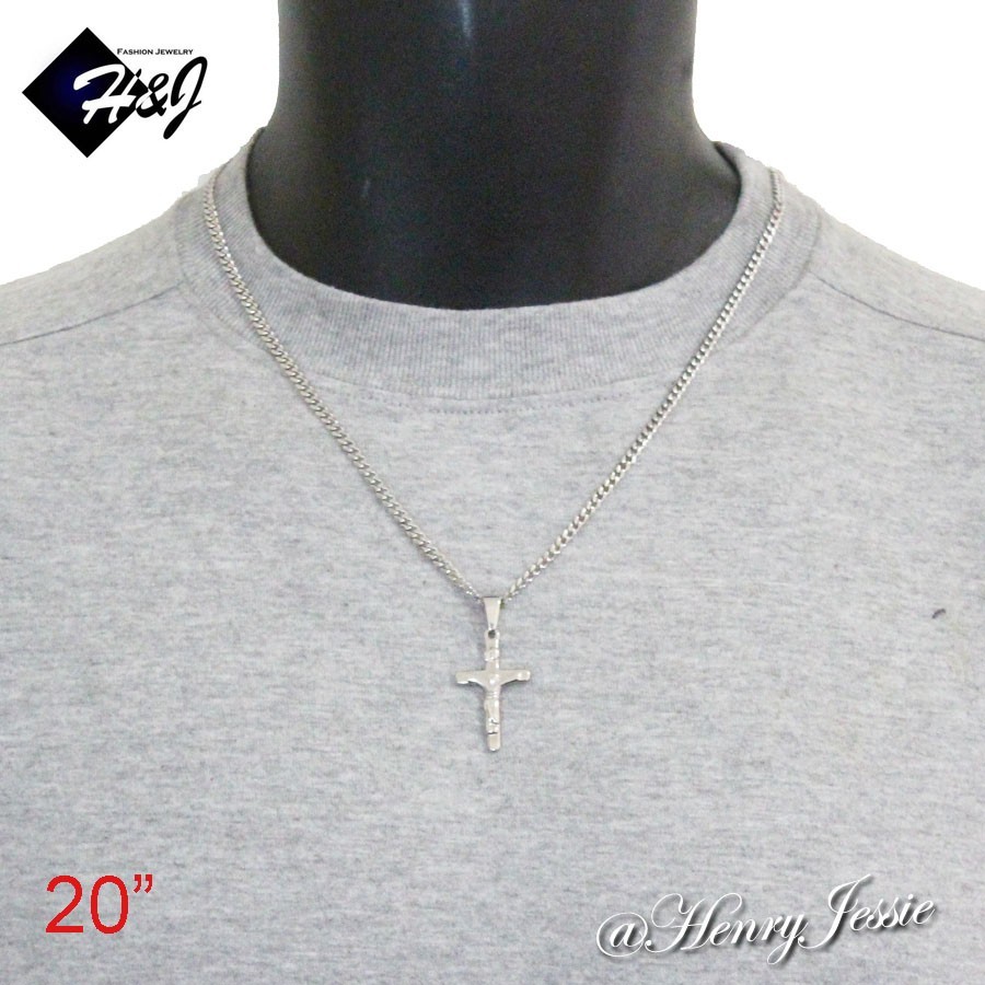 16-32″MEN Stainless Steel 3mm Silver Curb Chain Necklace JESUS Cross Pendant*J12