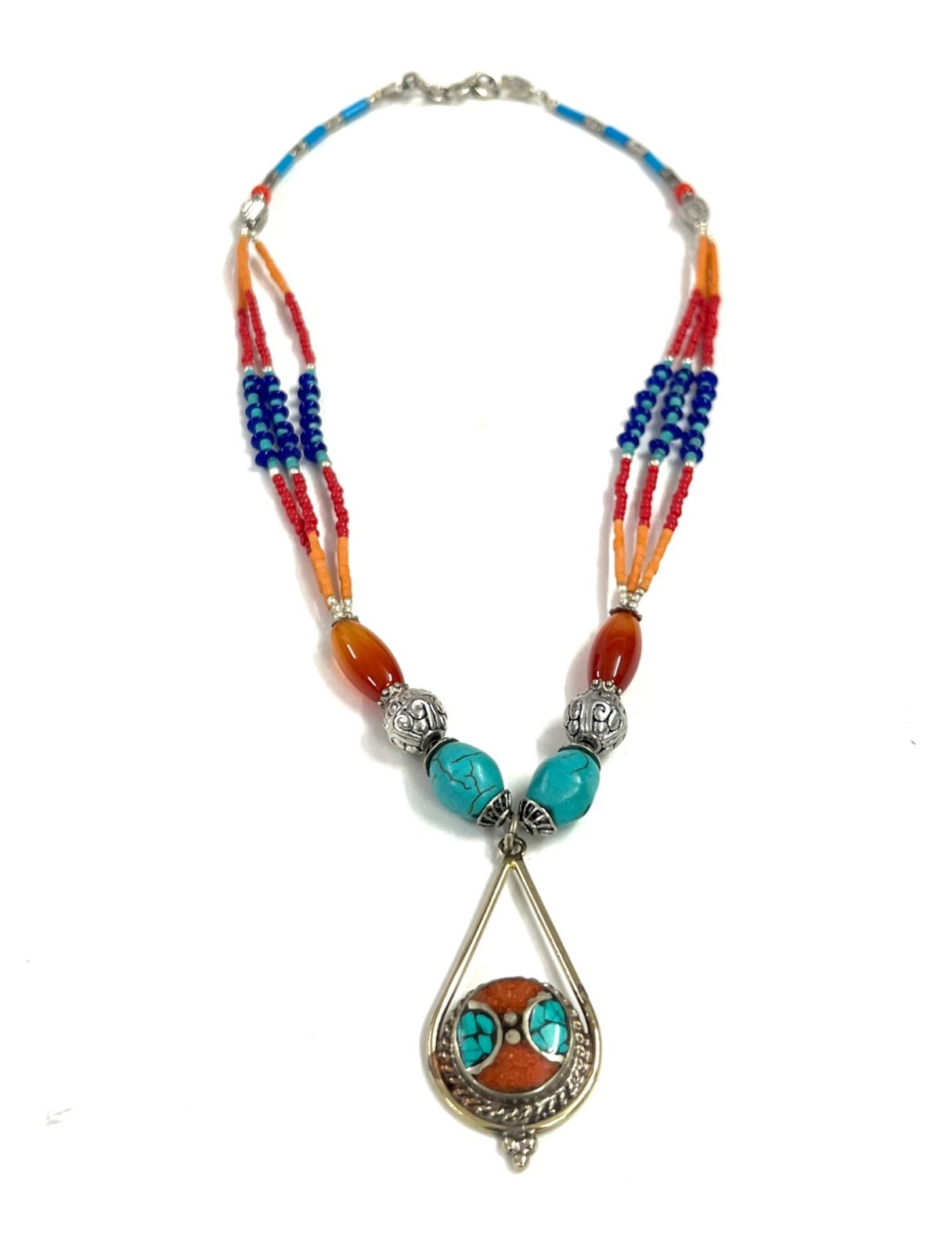 Carnelian Turquoise Coral Gemstone Tibetan Boho Necklace Jewelry, 18 Inc Adjs