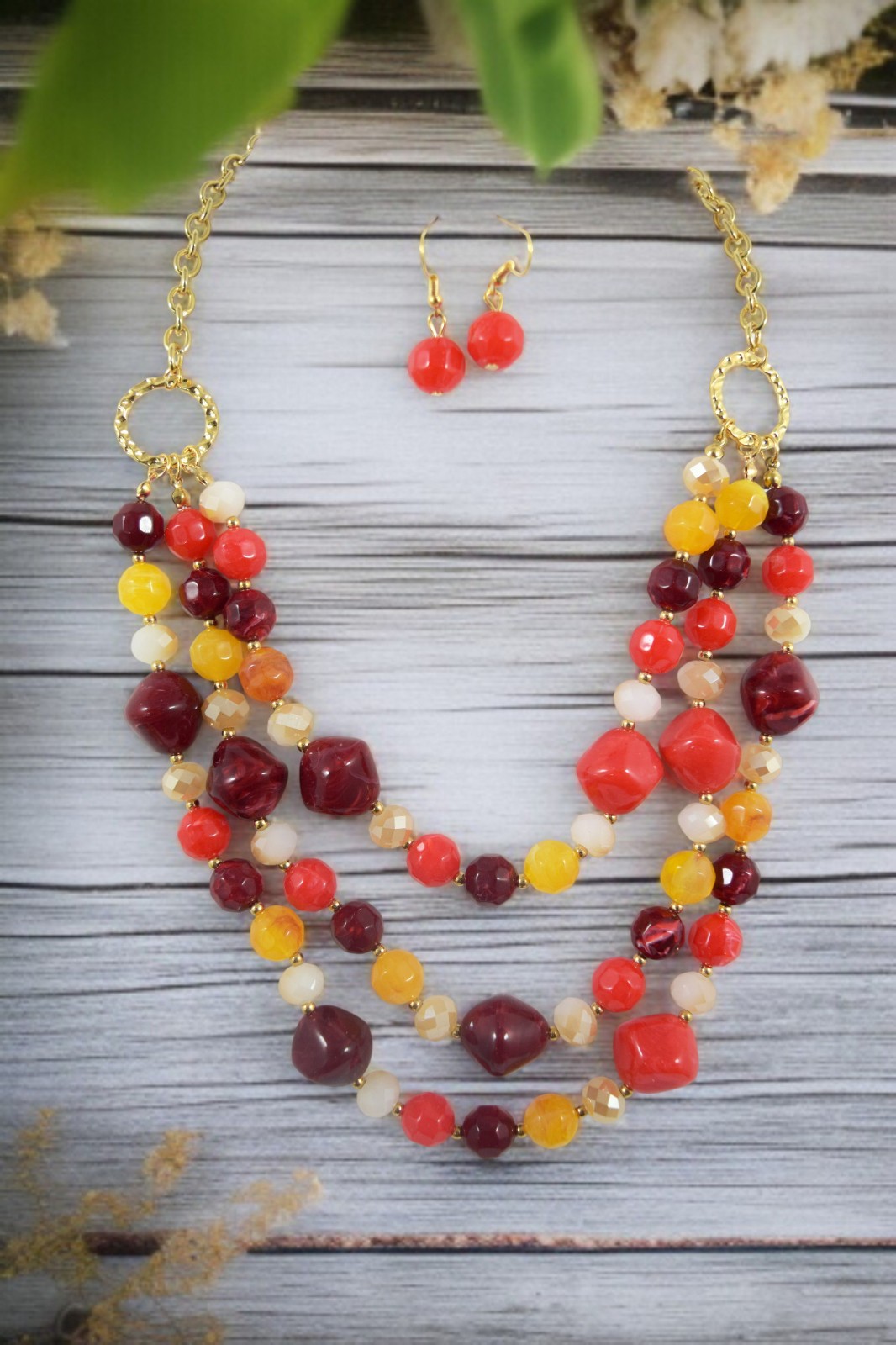 Colorful Multi-Strand Acrylic Bead Necklace & Earrings Set, Retro Color Necklace