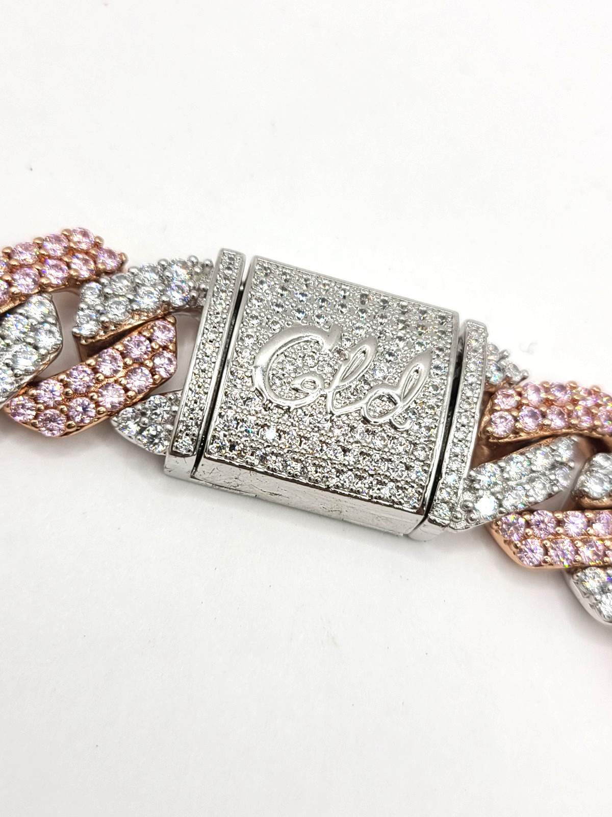 GLD Iced Prong Pink/White Rose Gold 19mm Cuban Chain Link Necklace 18″