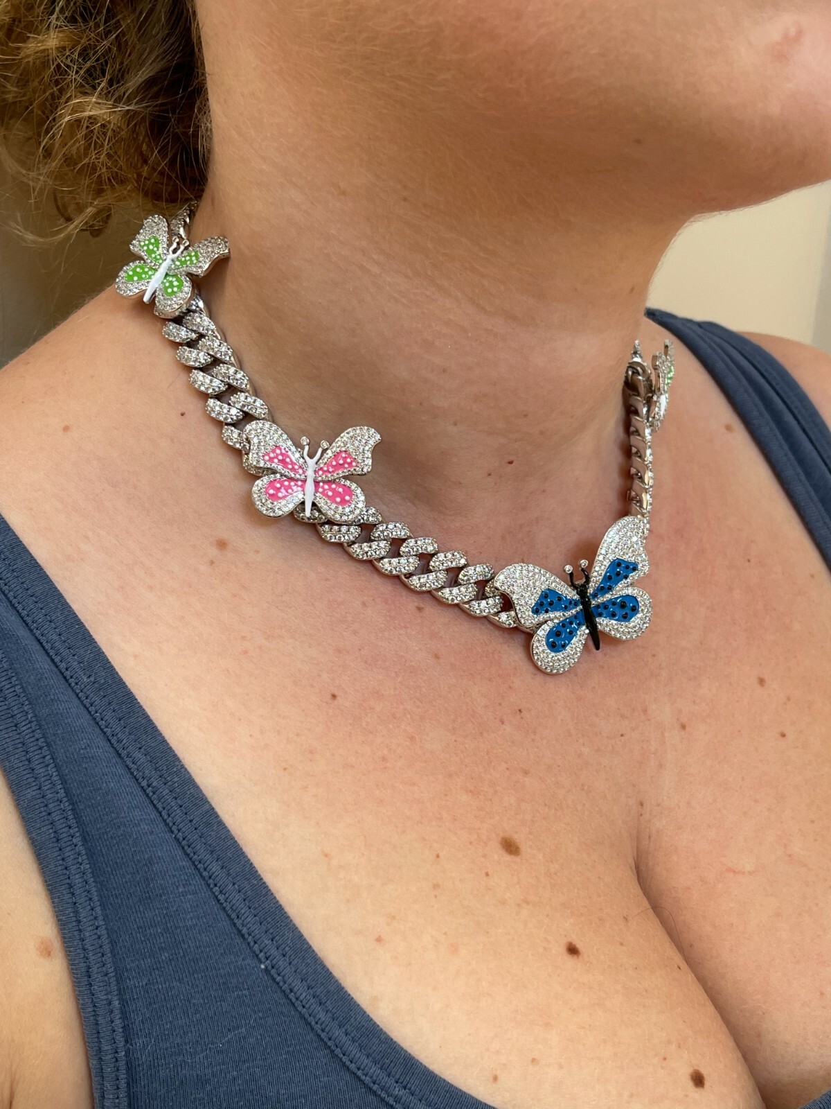 Real Hip Hop 12mm Miami Cuban Chain Choker Necklace Butterfly CZ Silver Choker