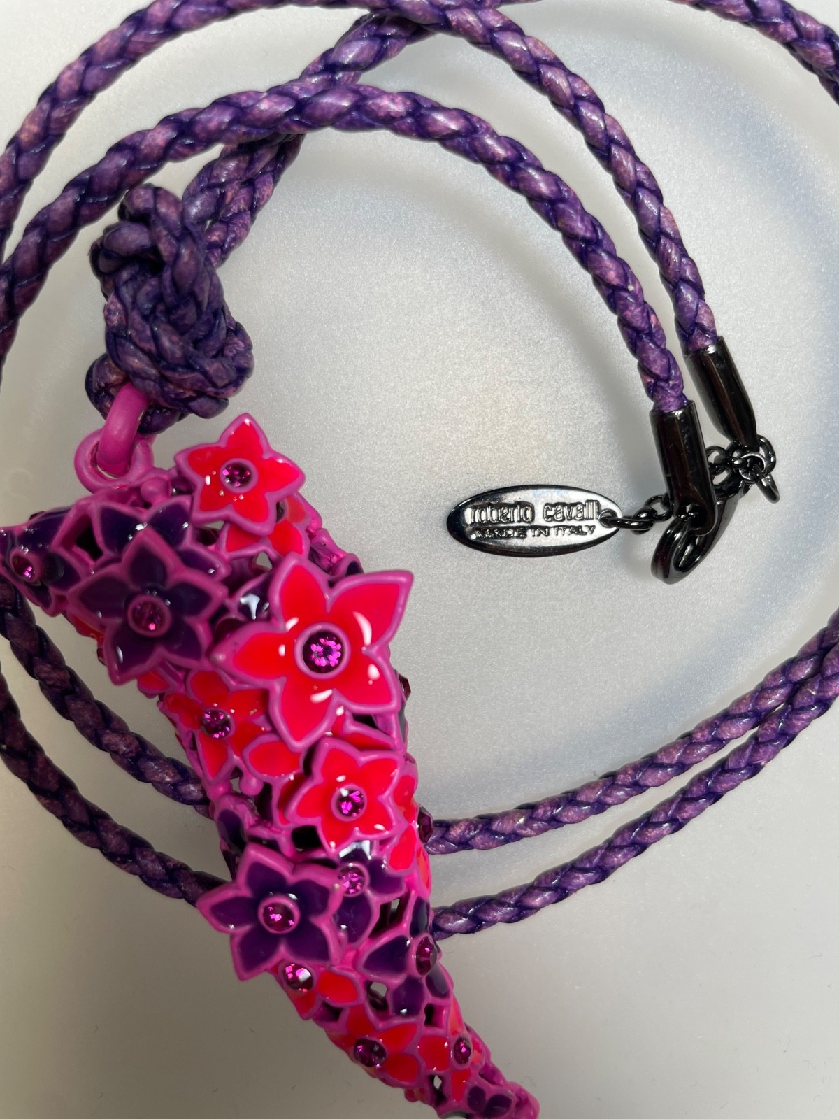 Roberto Cavalli Flower Cornicello Horn Pendant Necklace Purple Pink Italy