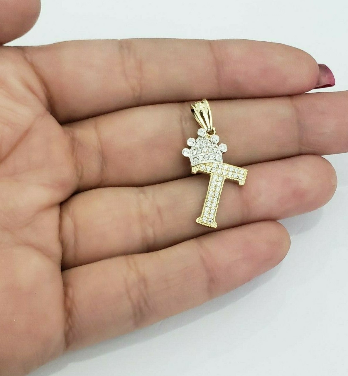 Real 10k Yellow Gold Crown Initial Alphabet Letter T Pendant Charm King Bling