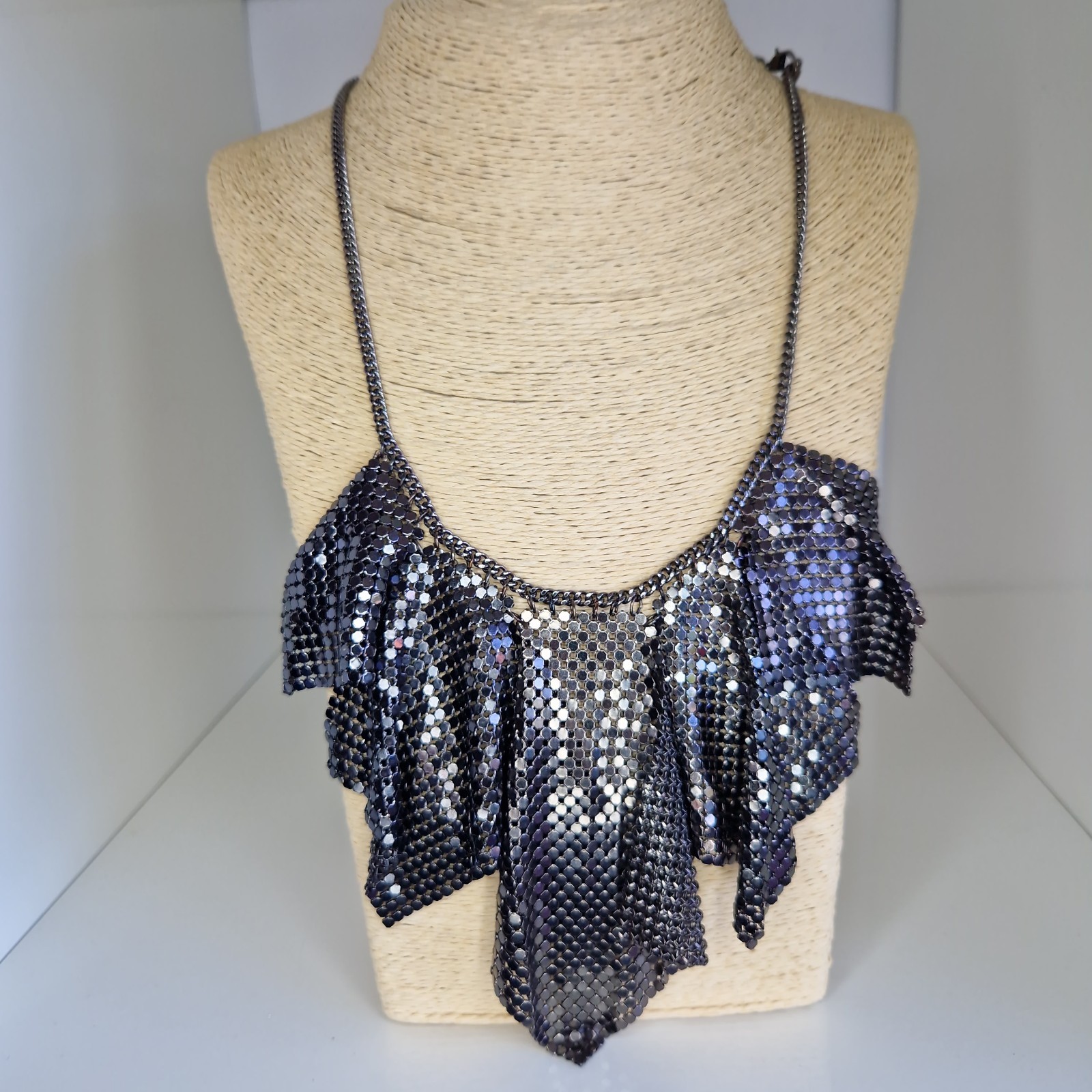 Chainmail Long Necklace Gunmetal Grey Statement Vintage Style Articulated 60cm