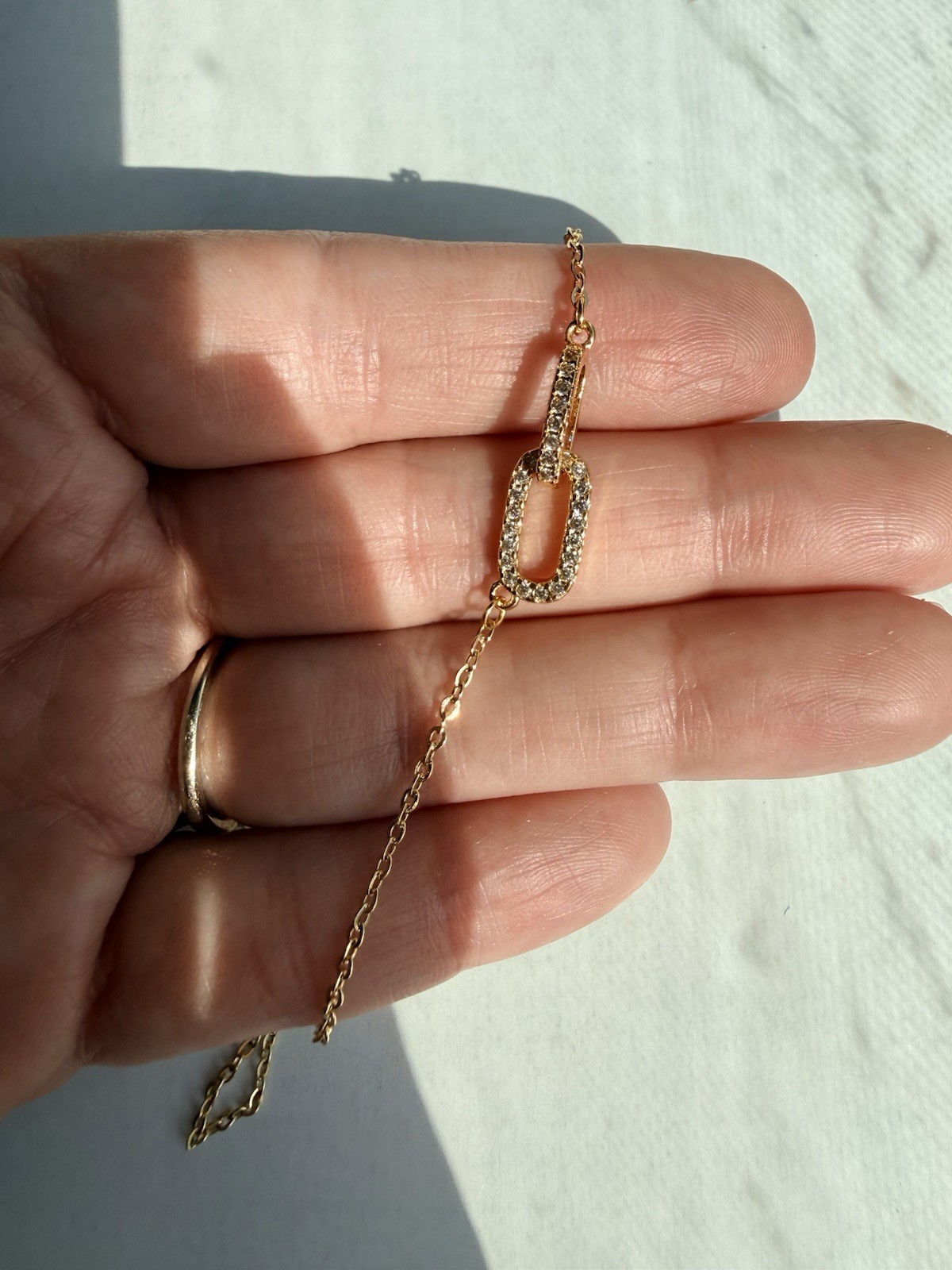 Gold Plated Cable Chain Necklace Asymmetrical Pavé White Crystal Charm Adjust