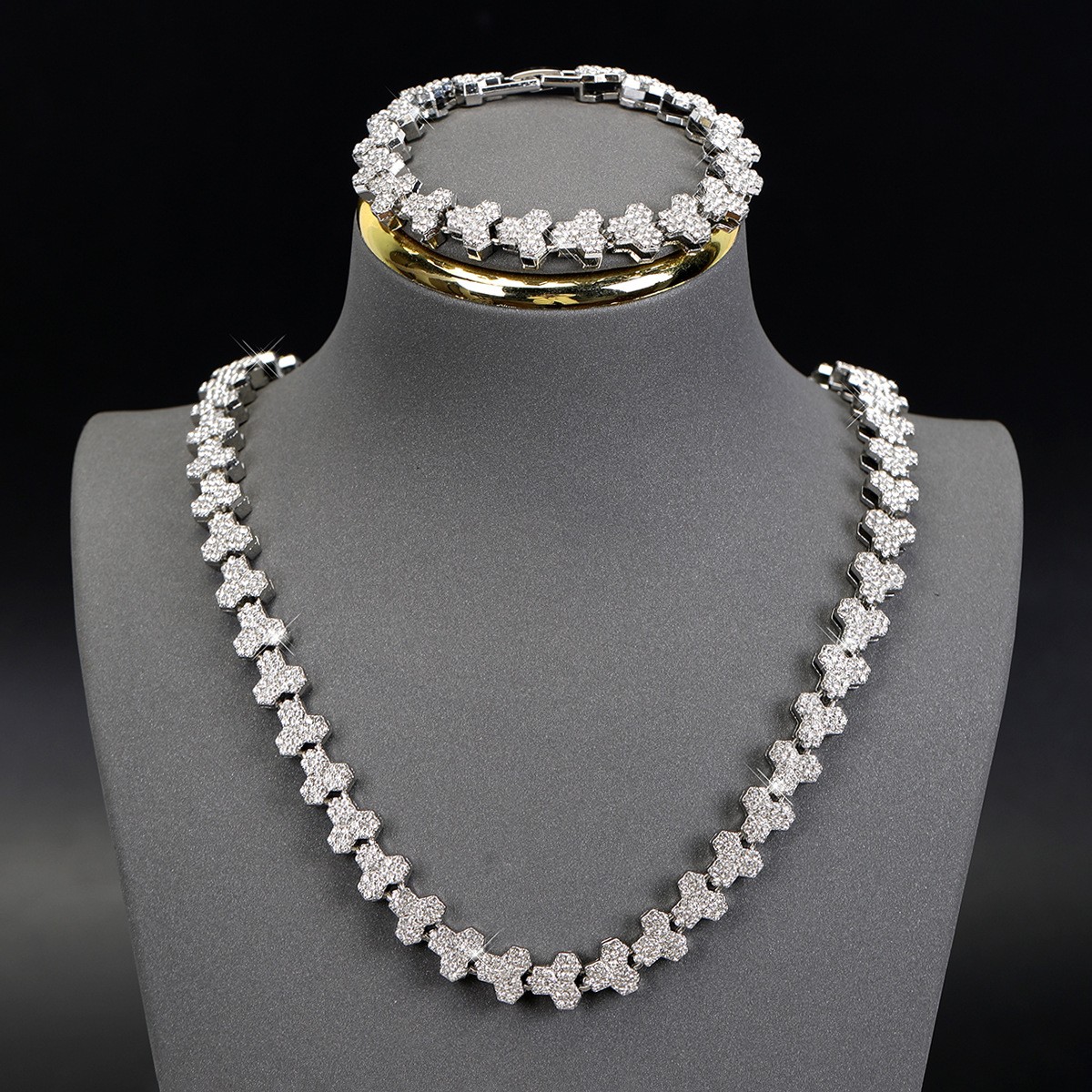Tennis Jewelry Set Gold Stainless Steel zirconia stone unisex Necklace Bracelet