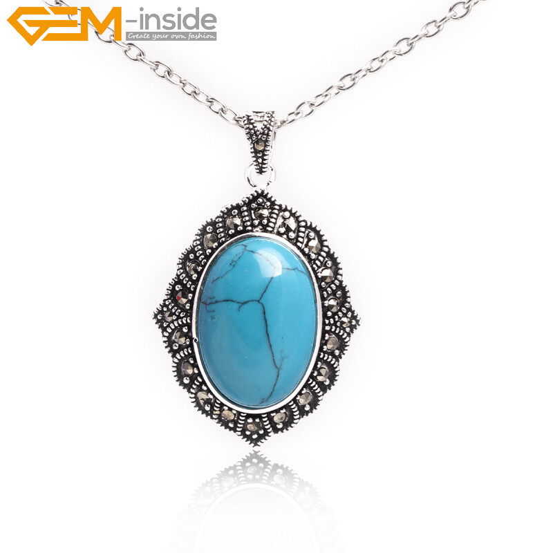 Silver Marcasite Tibetan Oval Turquoise Cat Eye Beads Jewelry Pendant Necklace