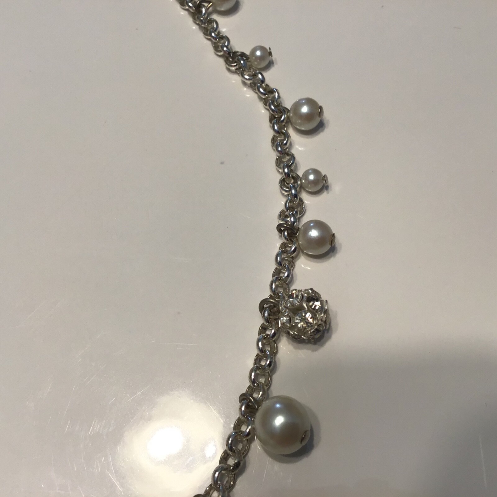 Faux Pearl Rhinestone Bead Dangle Necklace Choker 15” Silver Tone
