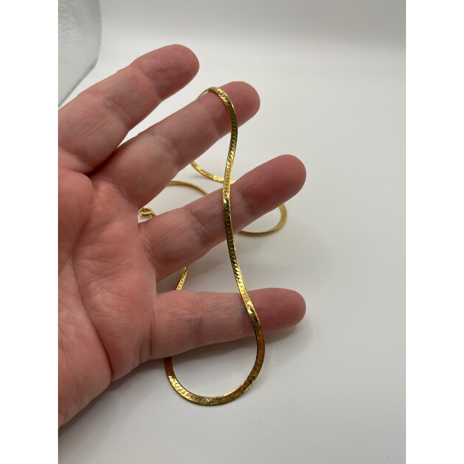 Gold Tone Herringbone Chain Necklace Flat Snake Link 18 Inch Spring Ring Clasp