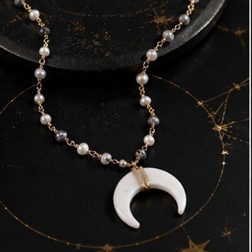 Crescent Moon Horn Necklace Pearl Dalmatian Jasper Gold Tone Celestial Boho