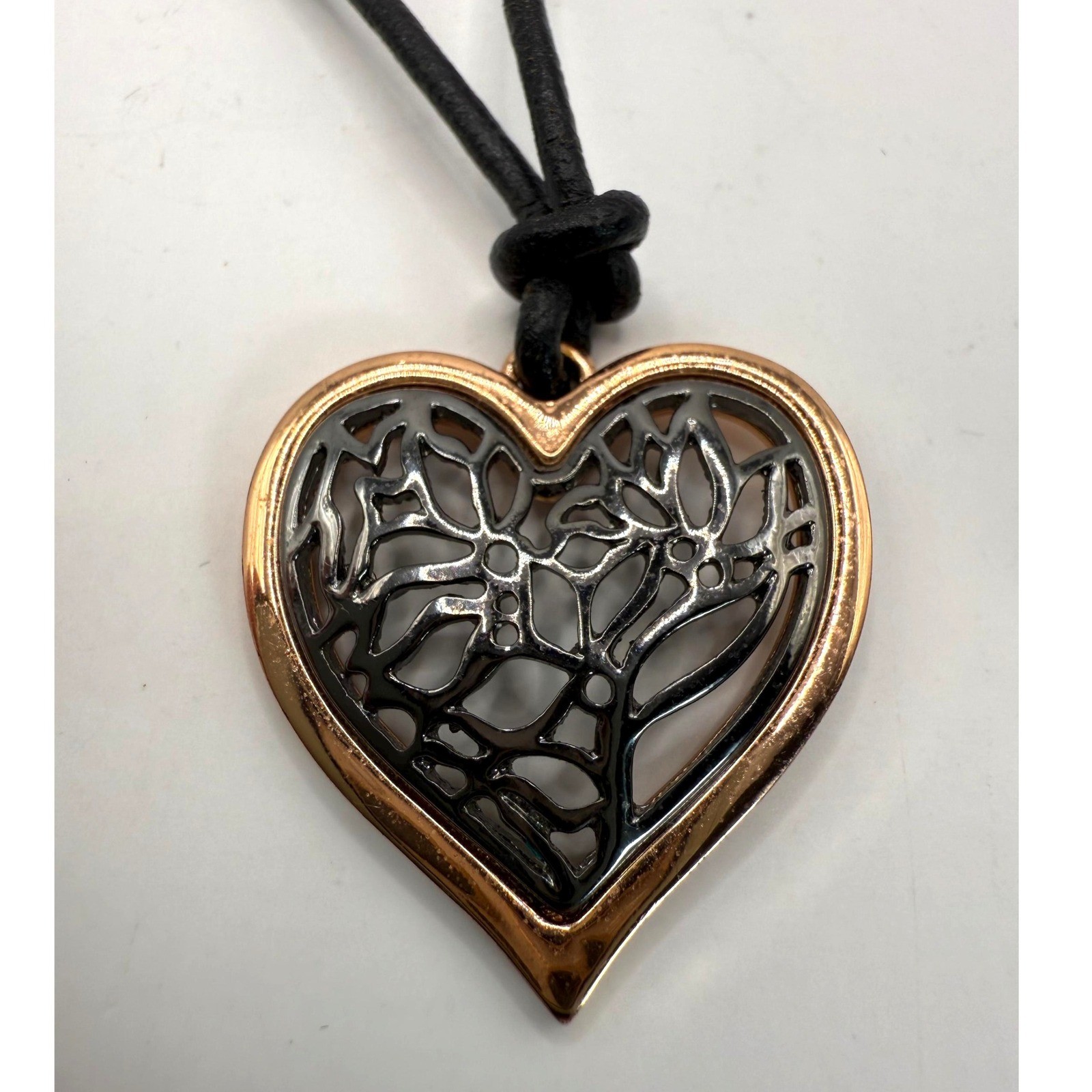 Two Tone Heart Pendant Necklace Black Cord Modern Statement