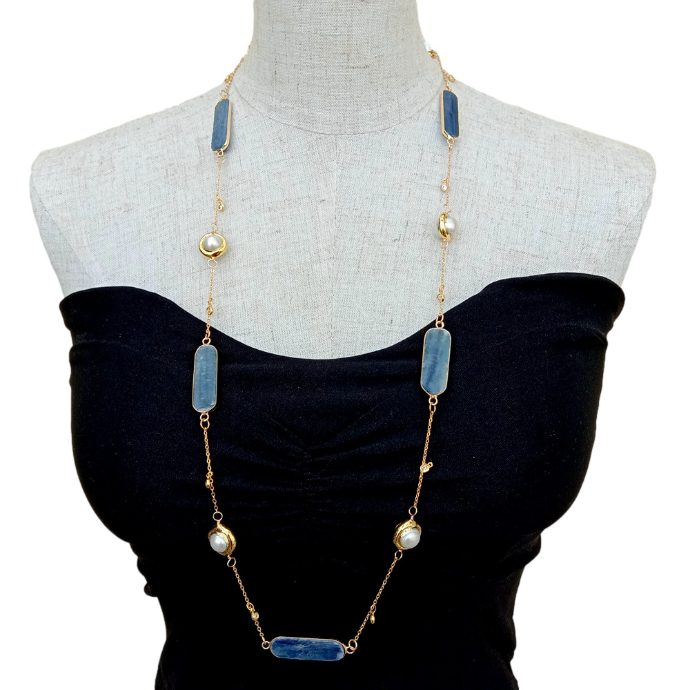 18″ Cultured White Pearl Natural Blue Kyanite Connector Chain Long Necklace
