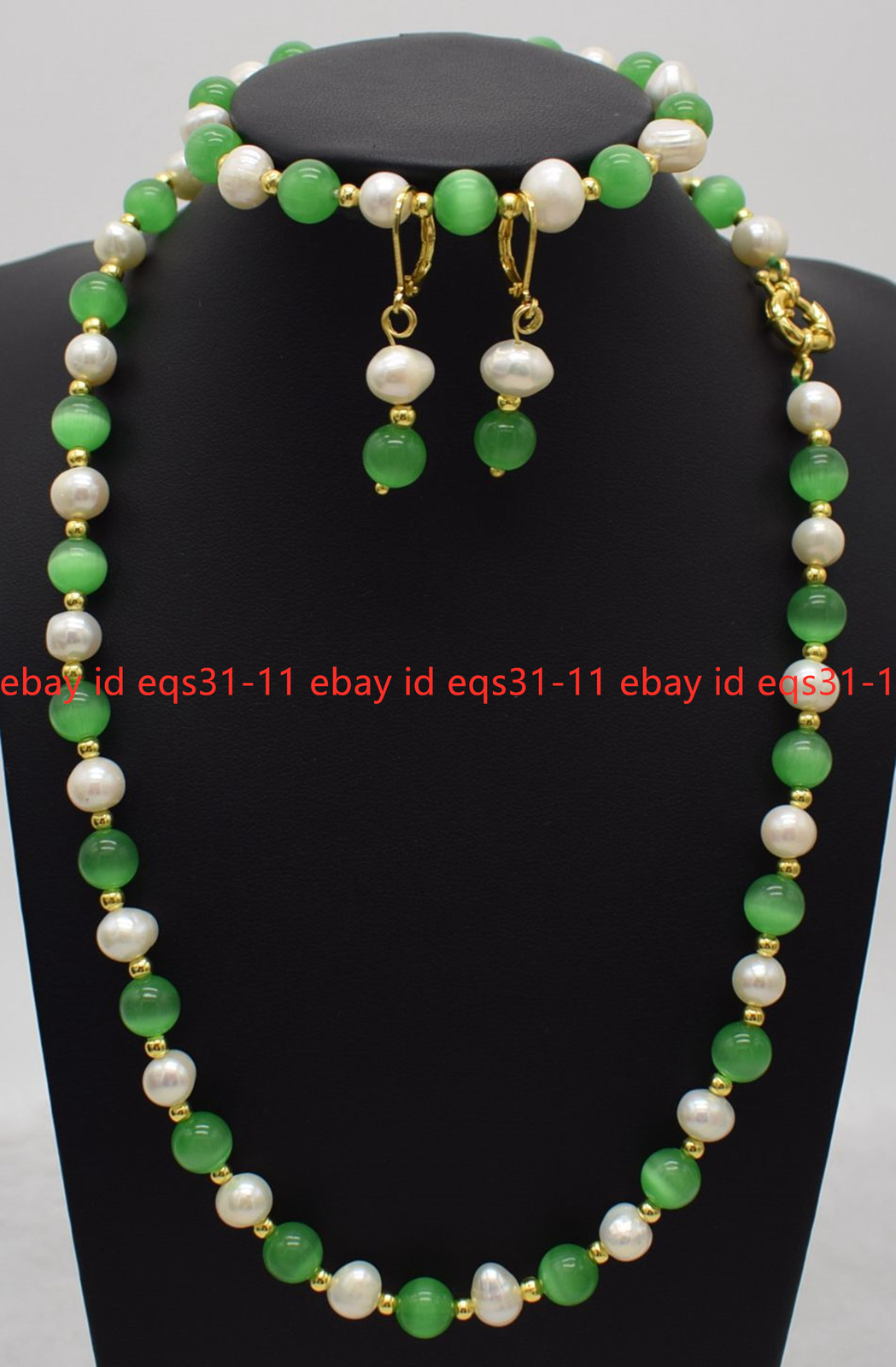 8mm Green Jade & 7-8mm White Cultured Pearl Necklace Bracelet Earrings Set 18”