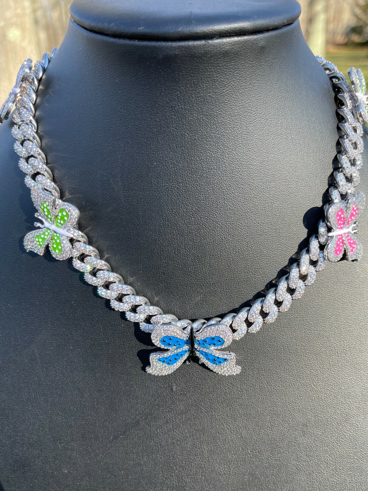 Real Hip Hop 12mm Miami Cuban Chain Choker Necklace Butterfly CZ Silver Choker