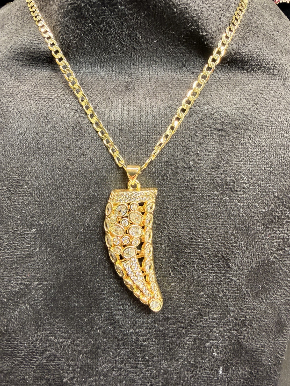 Gold Plated Pavé Rhinestone Fang Pendant Cuban Chain Necklace