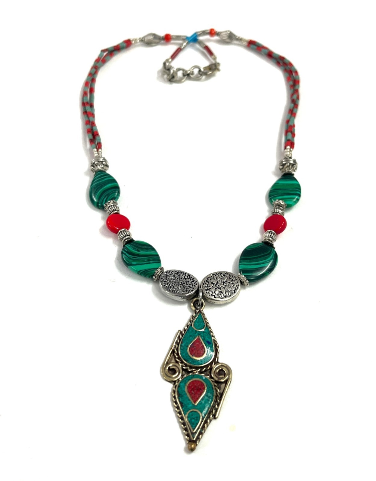 Art Deco Malachite Coral Gemstone Tibetan Necklace Jewelry, 18 Inc Adjs
