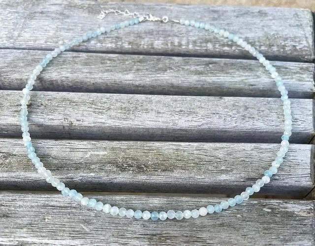 Blue Aquamarine Choke Necklace Tiny 2mm Beaded r Healing Delicate Women Crystal