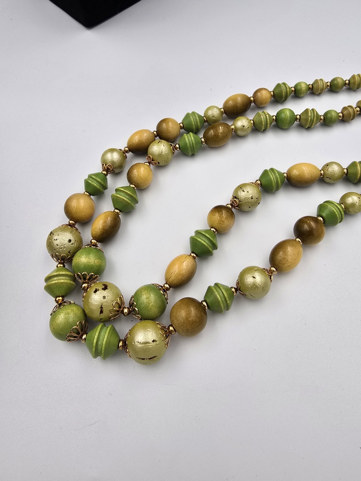 Vintage Double Strand Wood Bead Necklace Green Yellow Gold Tone Clasp