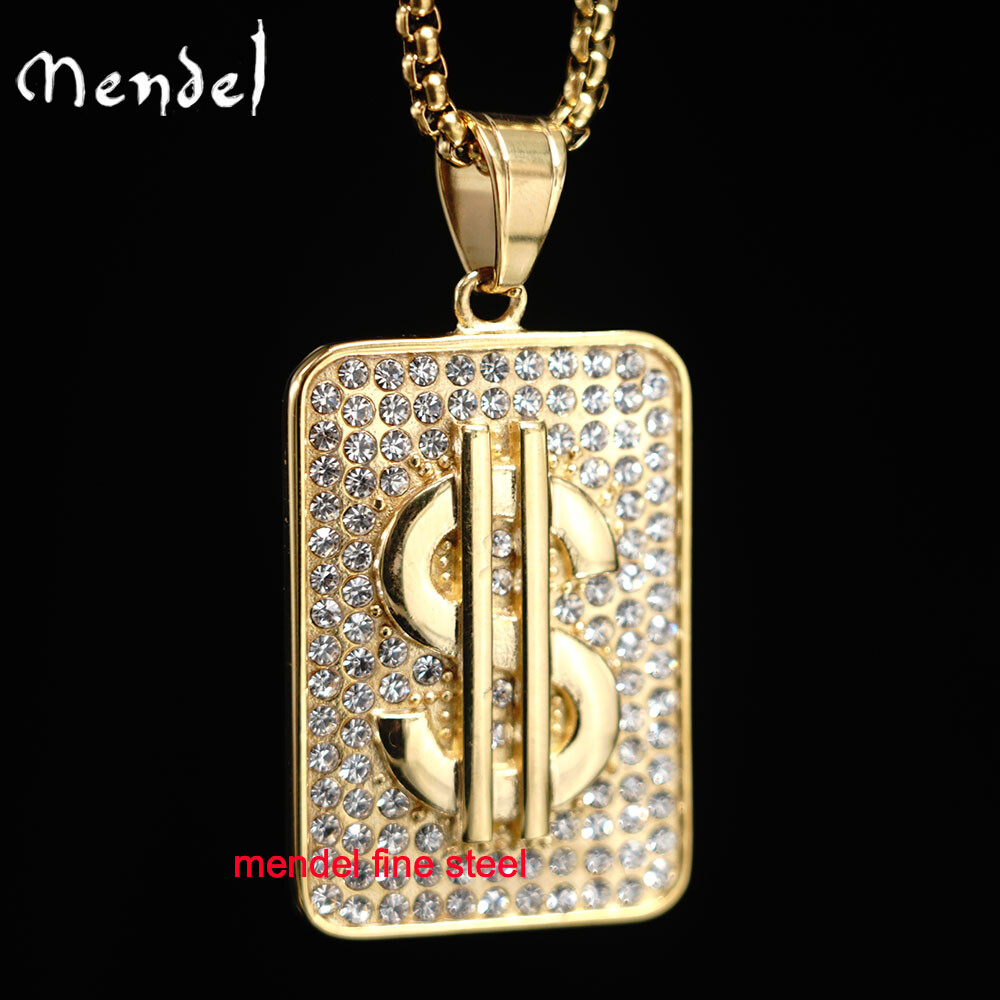 MENDEL Mens Gold Plated Hip Hop Dog Tag Bling Money Dollar Sign Pendant Necklace