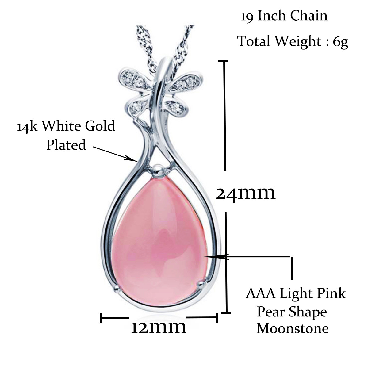 Crystal Pendant Necklace 14k White Gold Plated Stone Butterfly Women Jewelry
