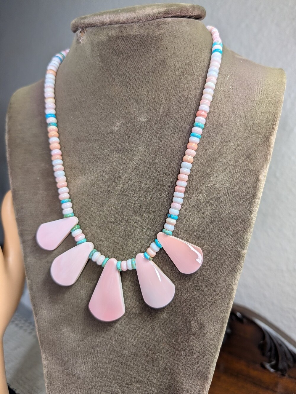 Pink Queen Conch Shell And Turquoise Beaded Teardrop Southwestern Style