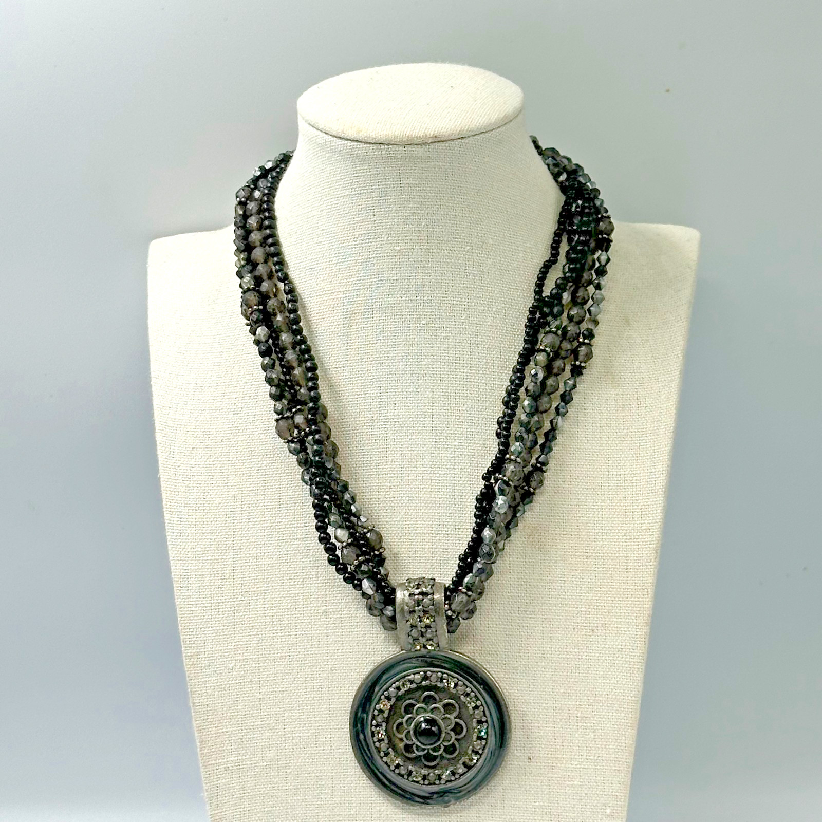 Black Grey Beaded Necklace Round Medallion Multistrand Boho Chic Adjustable